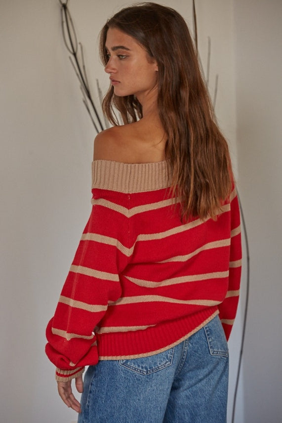 Red and white striped off the shoulder discount top