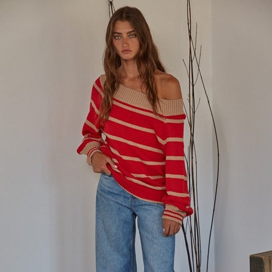 Red striped off discount the shoulder top